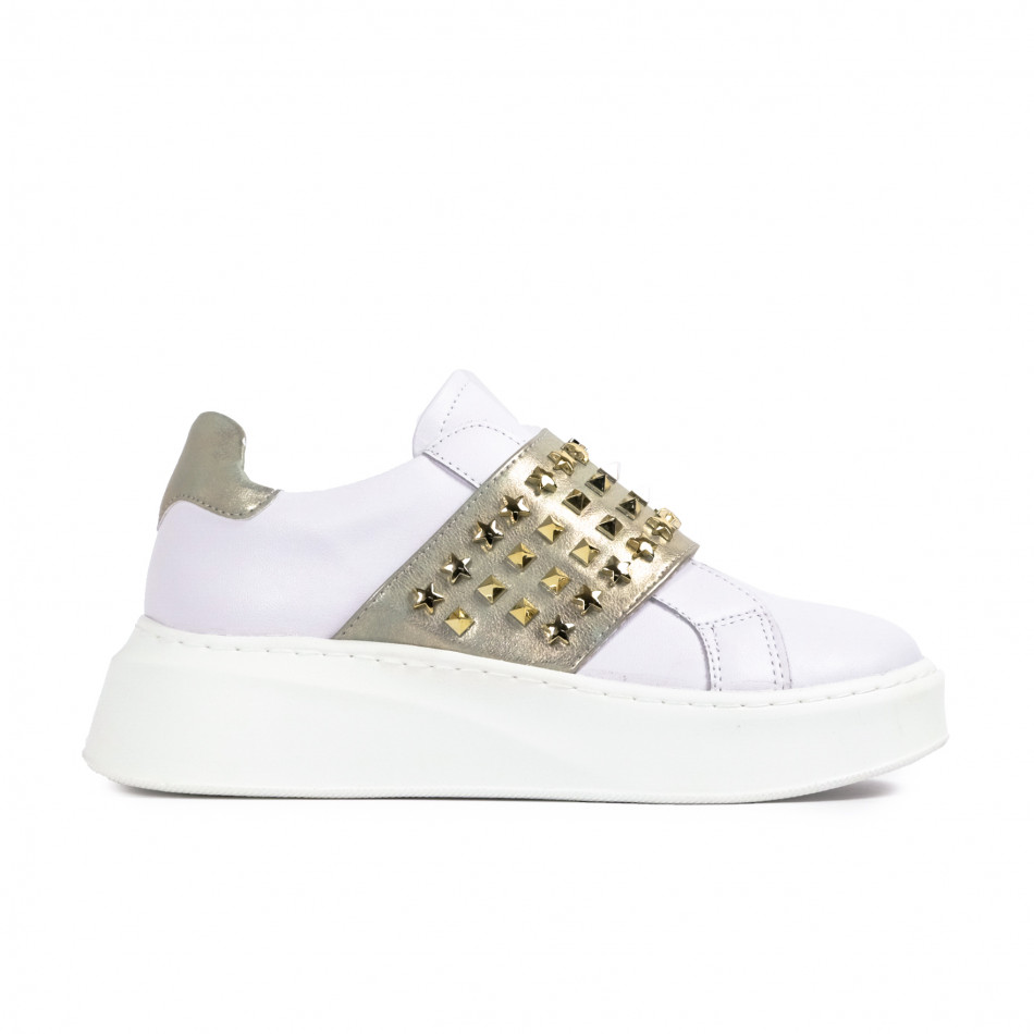 Γυναικεία λευκά sneakers με χρυσή λεπτομέρεια και λάστιχα 93392